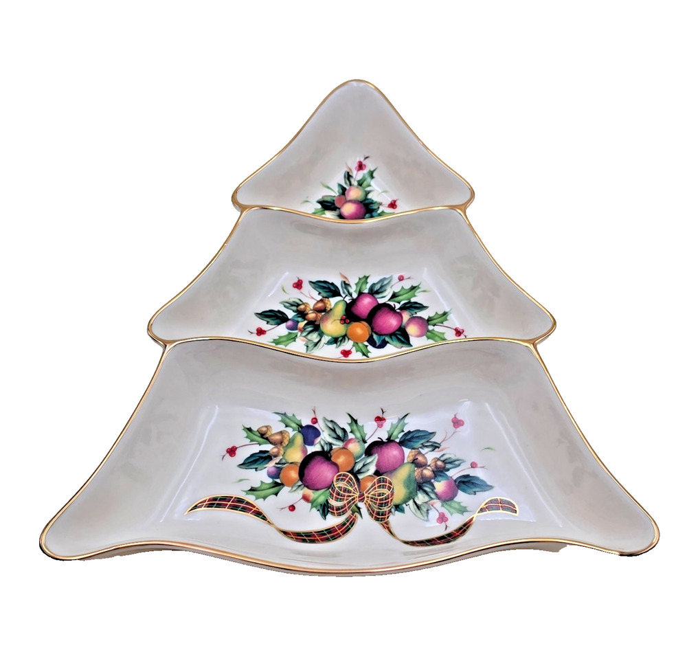 Lenox Holiday Tartan Tree Divided Server Dish Porcelain 623875 Gold Trim in Box